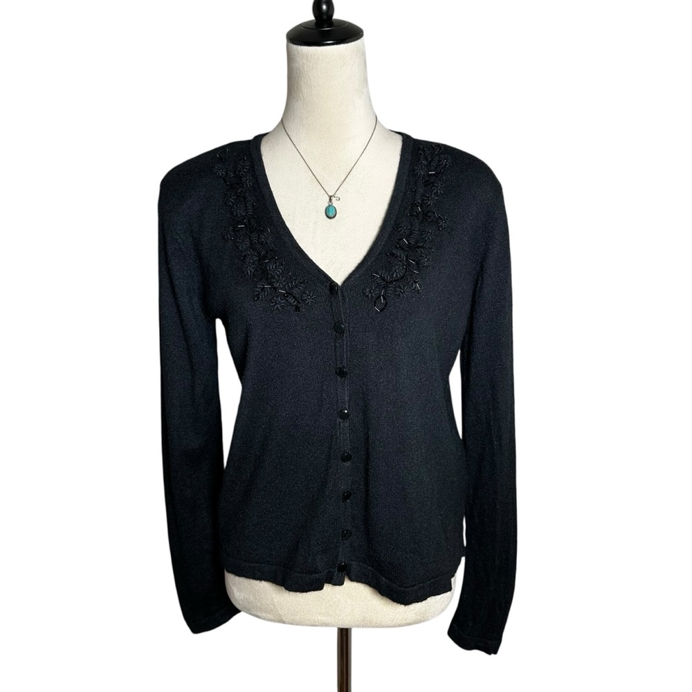 Kathy Ireland Silk Blend Beaded Embroidered Black Knit Cardigan S | Quiet Luxury